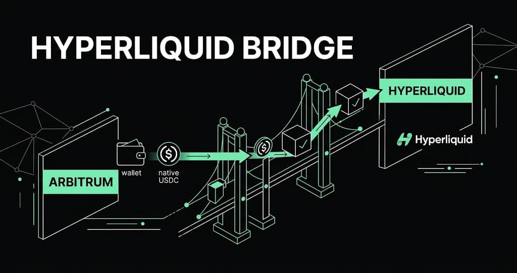 Hyperliquid bridge graphic showing native USDC moving from an Arbitrum wallet across a secured bridge to Hyperliquid.