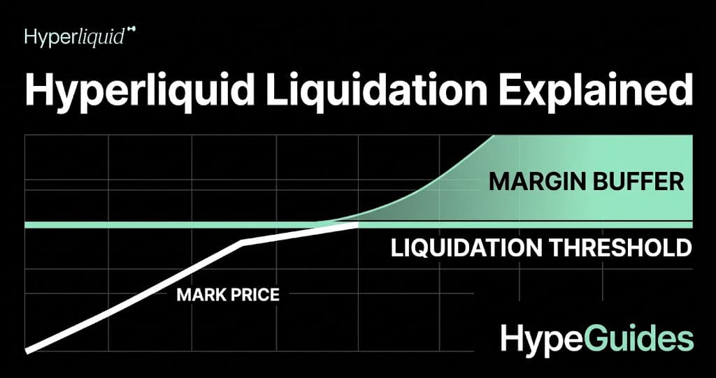 Editorial graphic showing mark price approaching a liquidation threshold with a mint-green margin buffer.