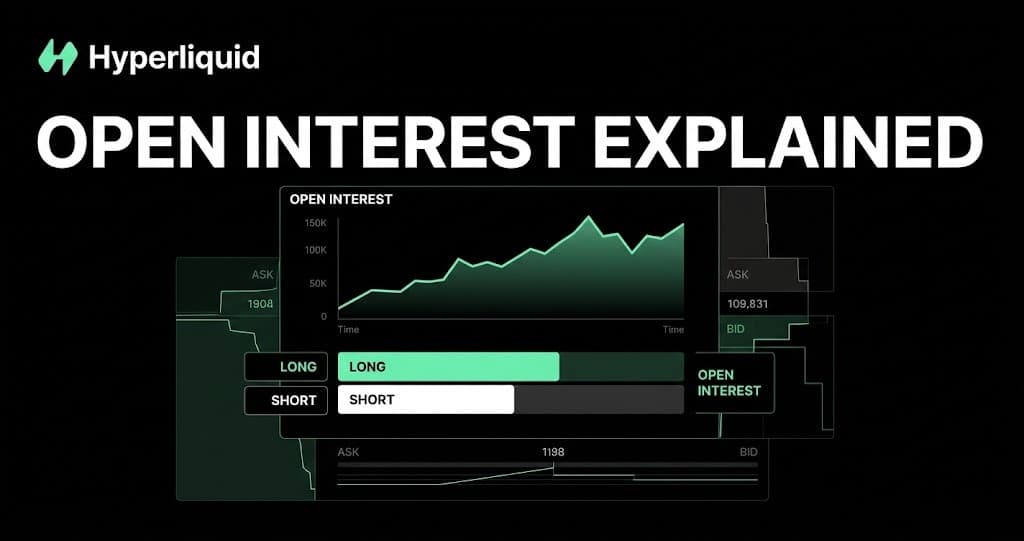 Hyperliquid open interest dashboard graphic with a mint-green chart, long and short labels, and order-book data.