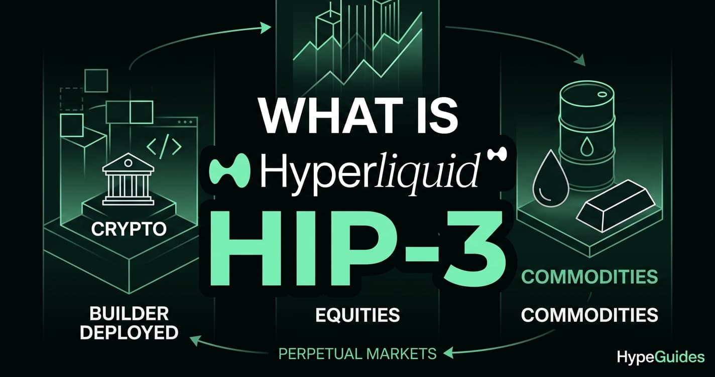Hyperliquid HIP-3 editorial graphic showing builder-deployed crypto, equity and commodity perpetual markets.